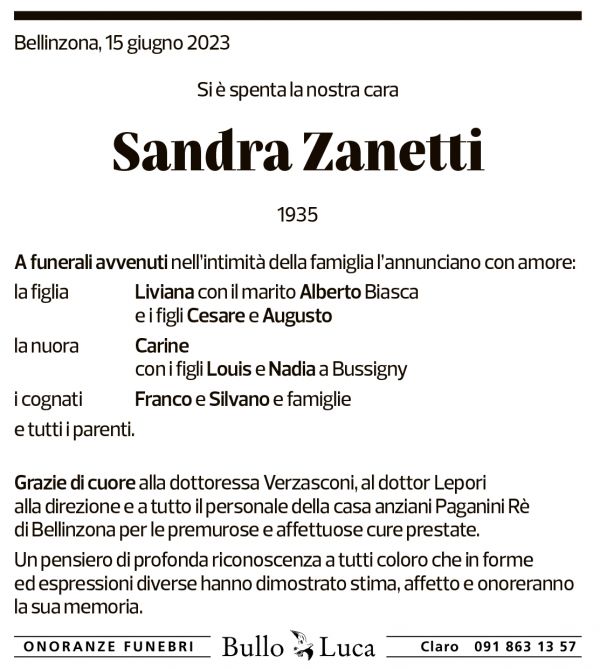 Annuncio funebre Sandra Zanetti