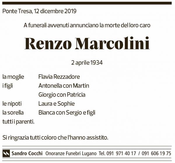 Annuncio funebre Renzo Marcolini
