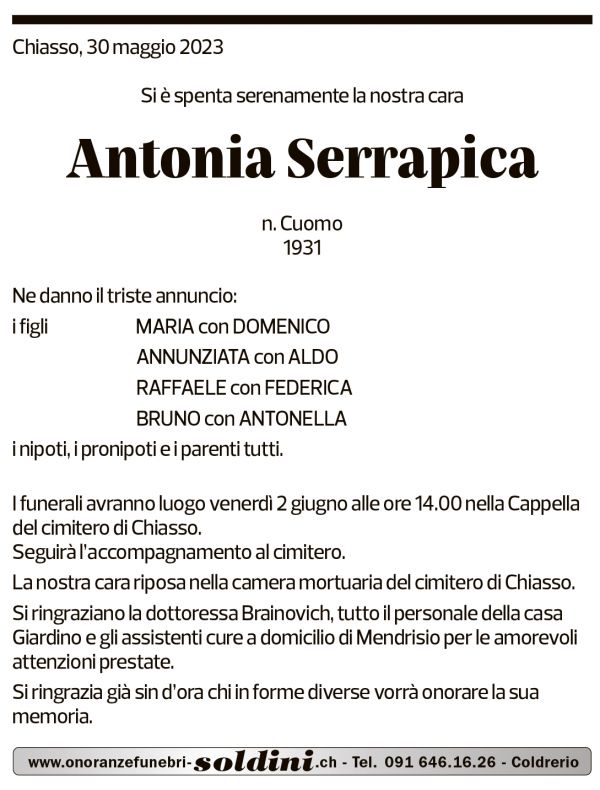 Annuncio funebre Antonia Serrapica