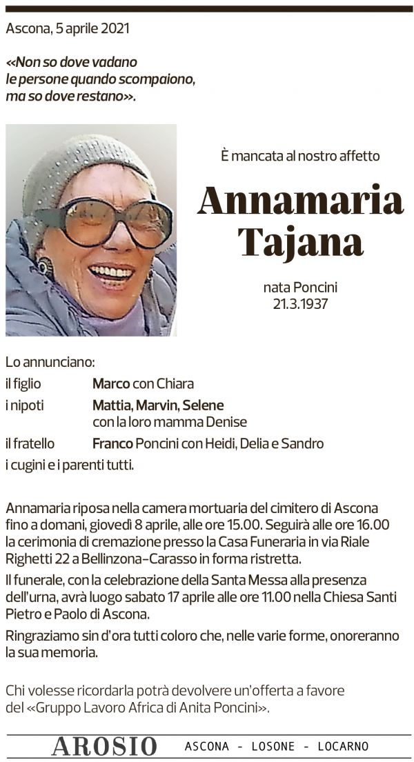 Annuncio funebre Annamaria Tajana