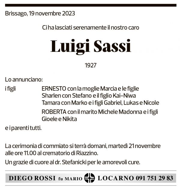 Annuncio funebre Luigi Sassi