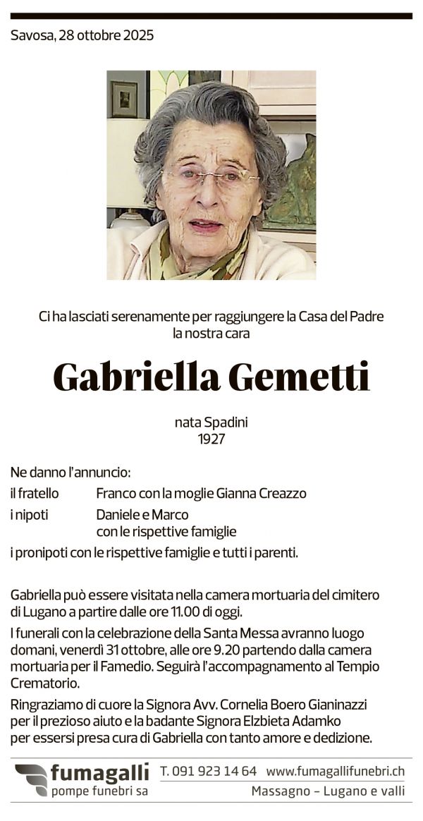 Annuncio funebre Gabriella Gemetti