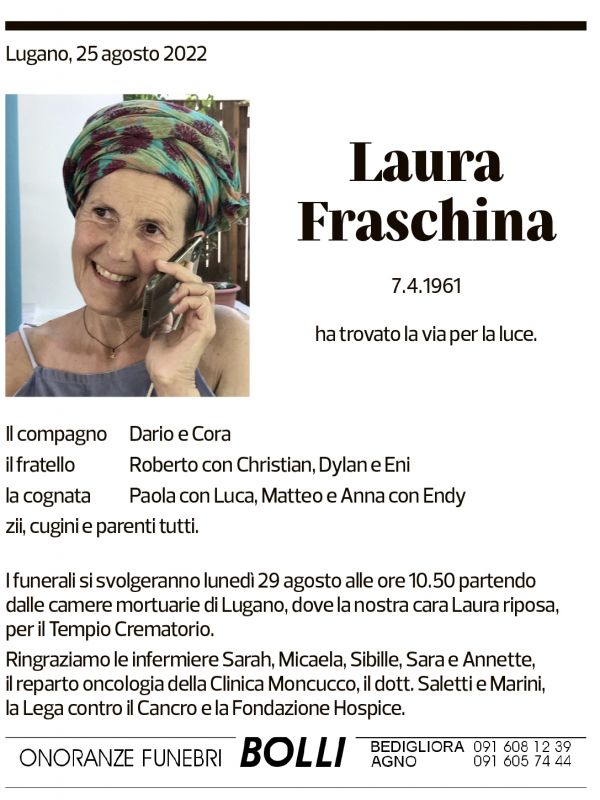 Annuncio funebre Laura Fraschina