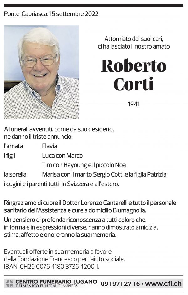 Annuncio funebre Roberto Corti