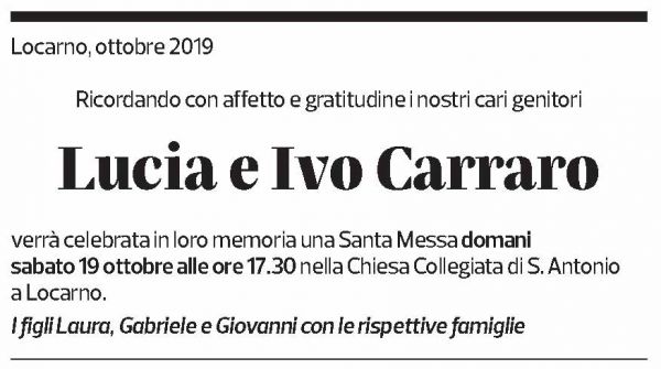 Annuncio funebre Lucia Carraro Ivo Carraro