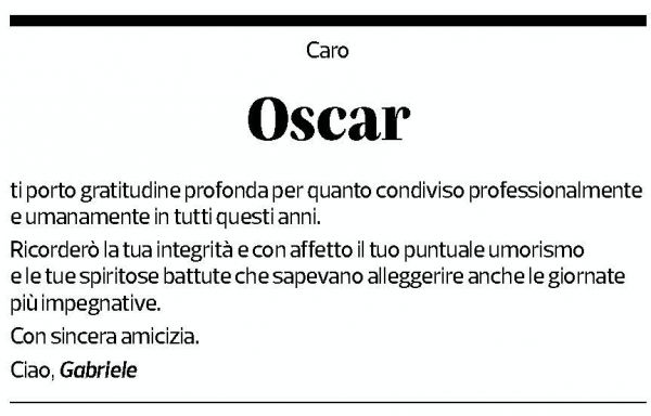 Annuncio funebre Oscar Tagliabue