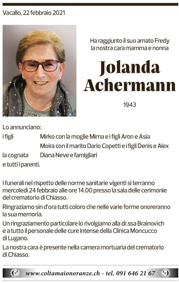 Annuncio funebre Jolanda Achermann