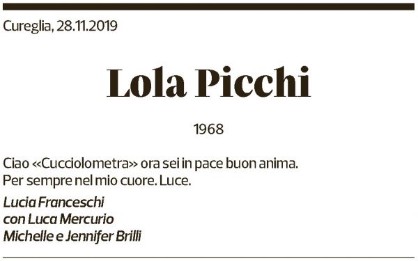 Annuncio funebre Lola Picchi