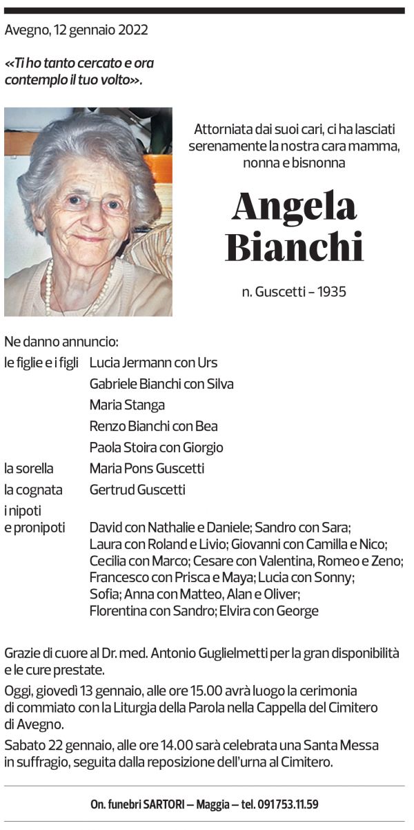 Annuncio funebre Angela Bianchi