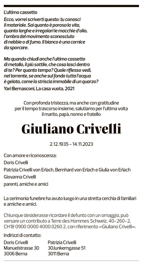 Annuncio funebre Giuliano Crivelli