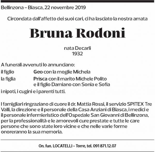 Annuncio funebre Bruna Rodoni