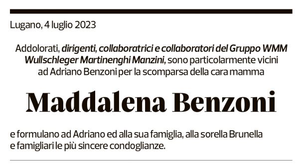 Annuncio funebre Maddalena Benzoni