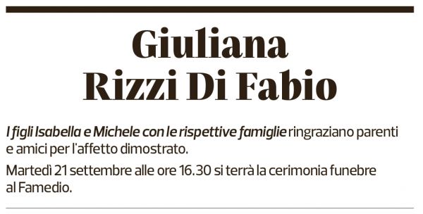 Annuncio funebre Giuliana Rizzi Di Fabio