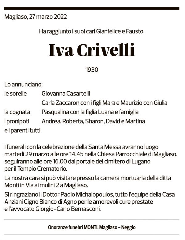 Annuncio funebre Iva Crivelli