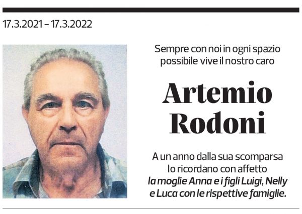 Annuncio funebre Artemio Rodoni