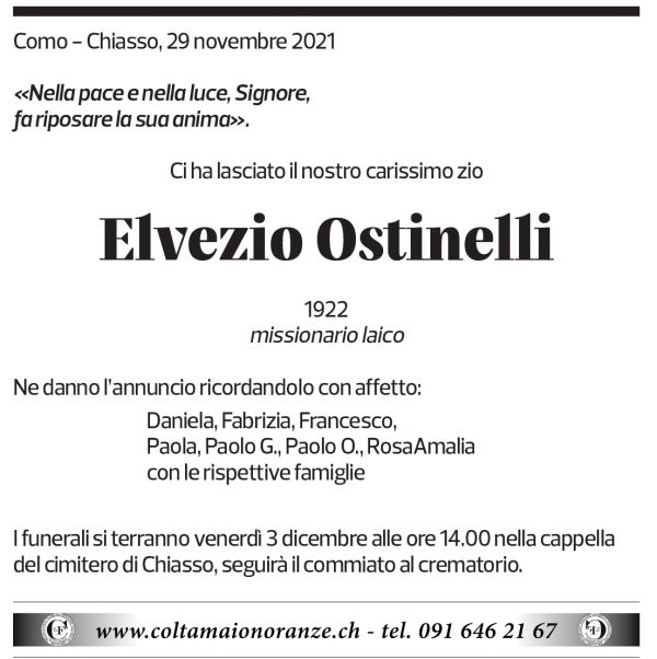 Annuncio funebre Elvezio Ostinelli