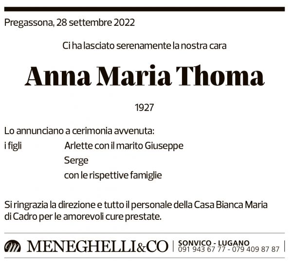 Annuncio funebre Anna Maria Thoma