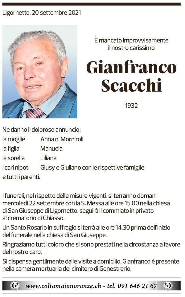 Annuncio funebre Gianfranco Scacchi