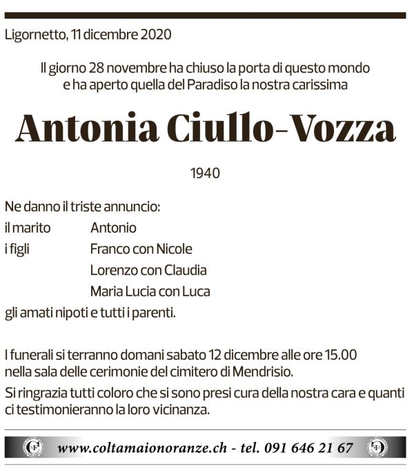 Annuncio funebre Antonia Ciullo-vozza