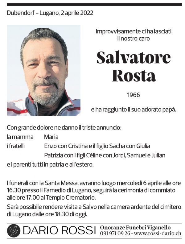 Annuncio funebre Salvatore Rosta