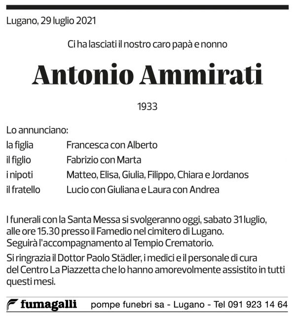 Annuncio funebre Antonio Ammirati