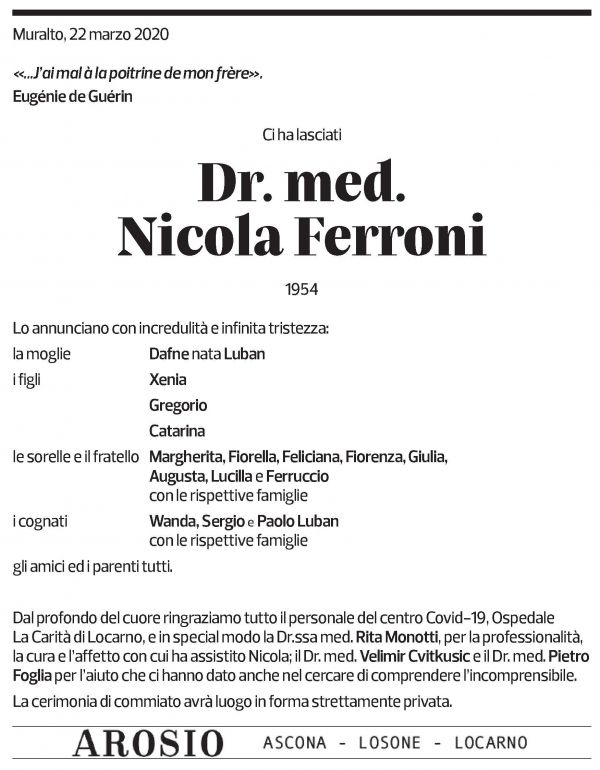 Annuncio funebre Dr. Med. Nicola Ferroni