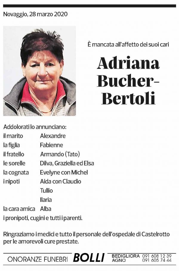 Annuncio funebre Adriana Bucher-bertoli