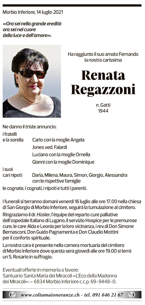 Annuncio funebre Renata Regazzoni