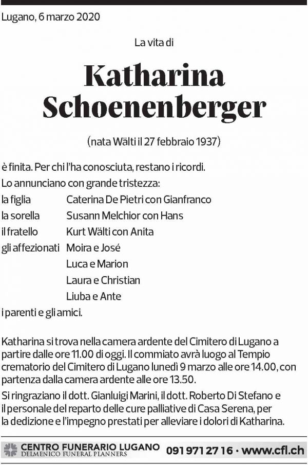 Annuncio funebre Katharina Schoenenberger