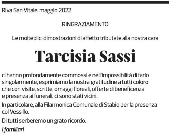 Annuncio funebre Tarcisia Sassi