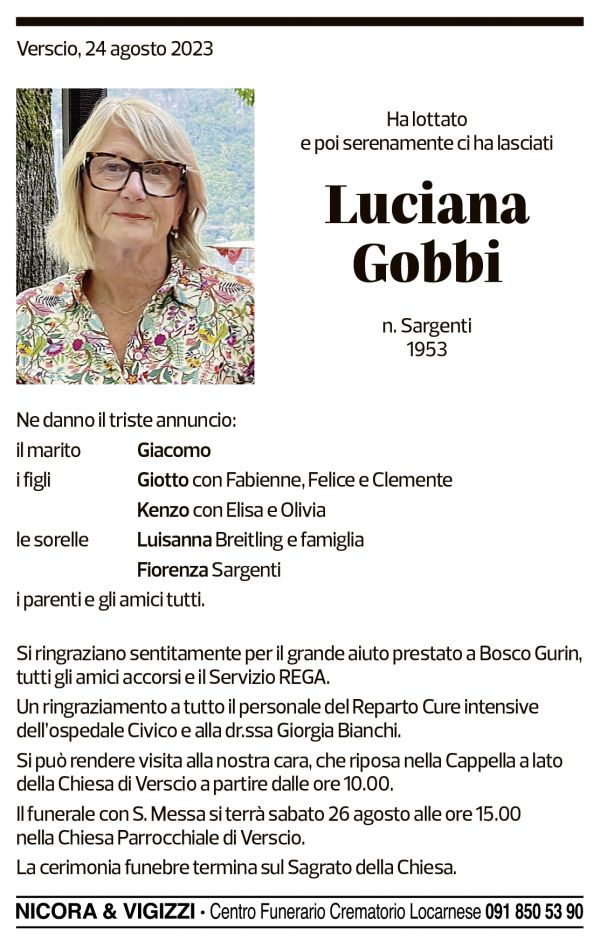 Annuncio funebre Luciana Gobbi