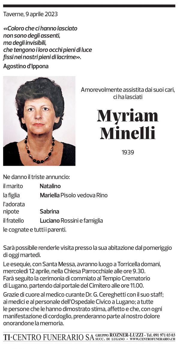 Annuncio funebre Myriam Minelli