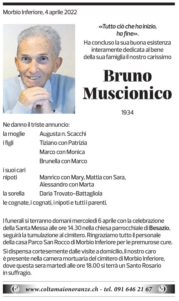 Annuncio funebre Bruno Muscionico