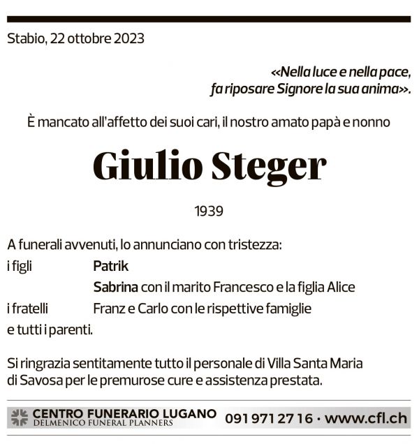 Annuncio funebre Giulio Steger