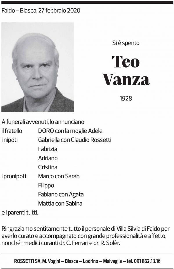 Annuncio funebre Teo Vanza