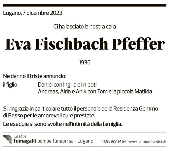 Annuncio funebre Eva Fischbach Pfeffer