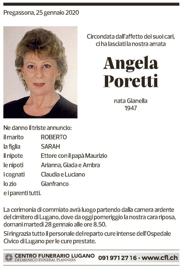 Annuncio funebre Angela Poretti