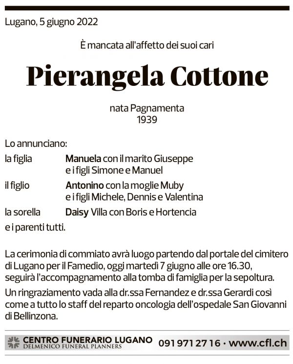 Annuncio funebre Pierangela Cottone