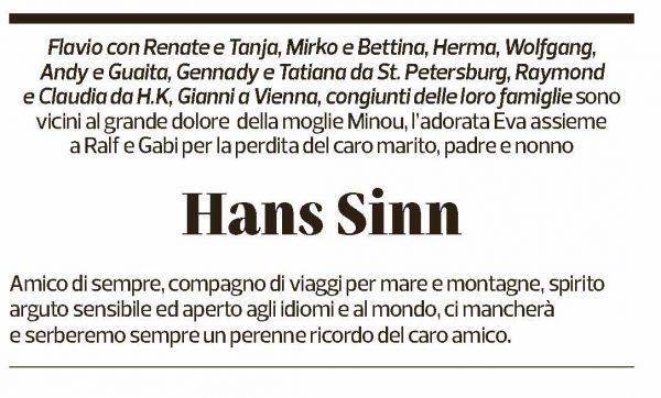 Annuncio funebre Hans Jürgen Sinn