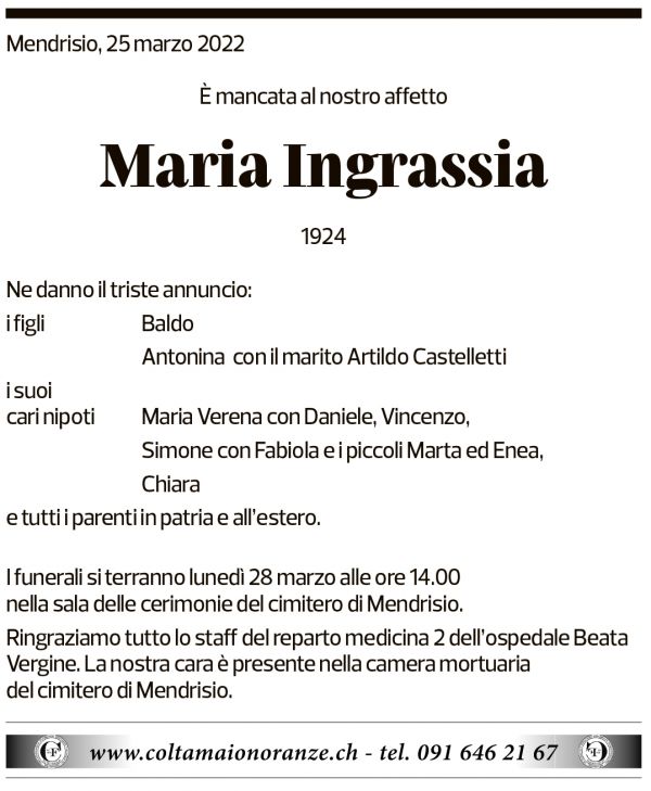 Annuncio funebre Maria Ingrassia