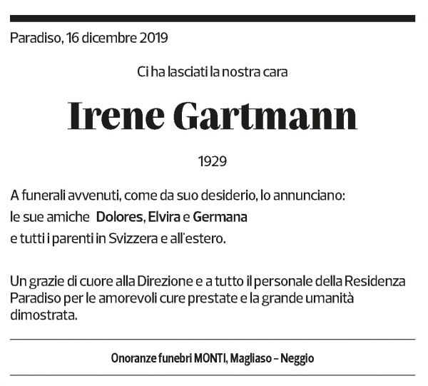 Annuncio funebre Irene Gartmann