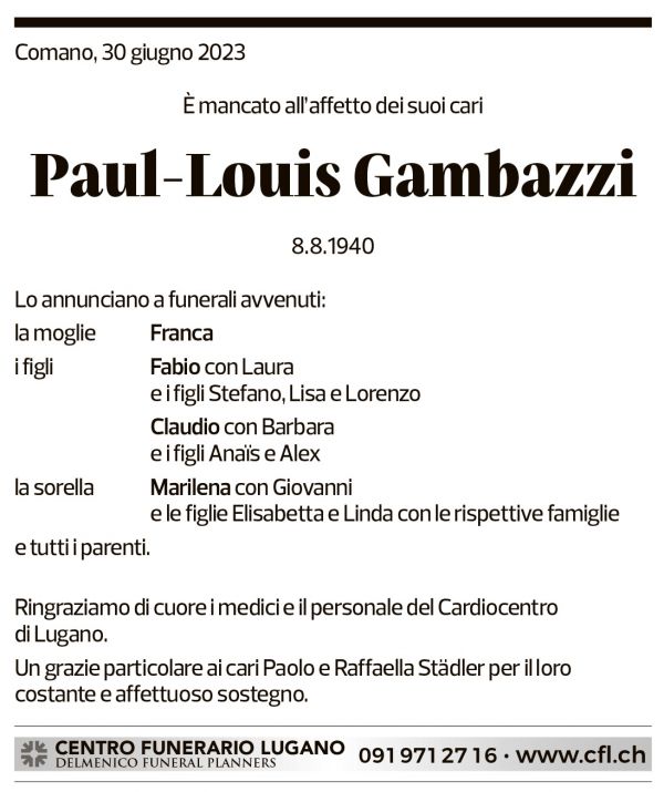 Annuncio funebre Paul-louis Gambazzi