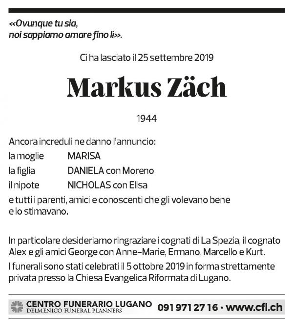 Annuncio funebre Markus Zäch