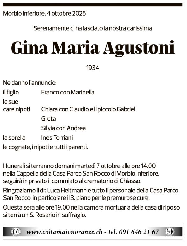 Annuncio funebre Gina Maria Agustoni