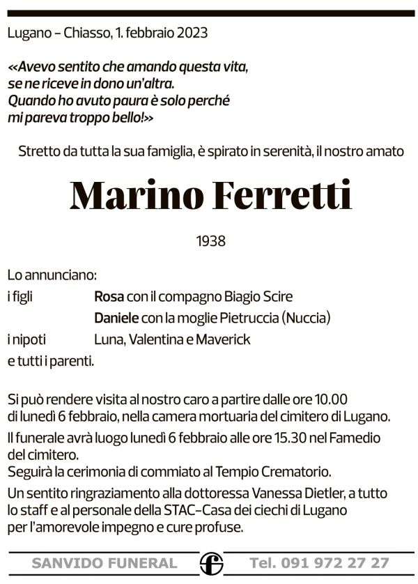 Annuncio funebre Marino Ferretti