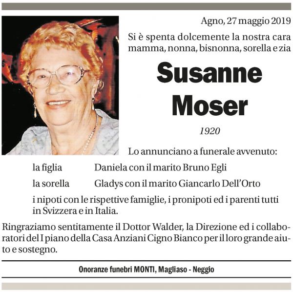 Annuncio funebre Susanne Moser