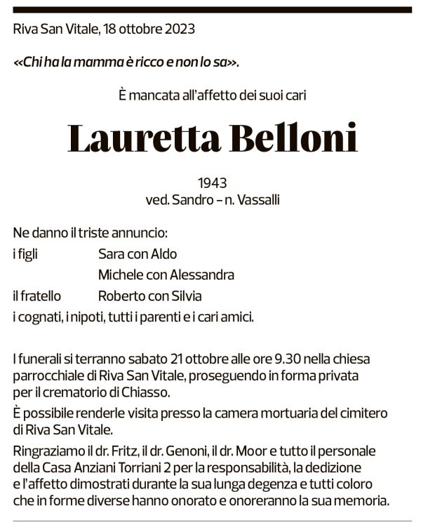 Annuncio funebre Lauretta Belloni