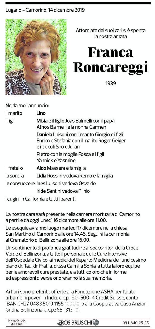 Annuncio funebre Franca Roncareggi