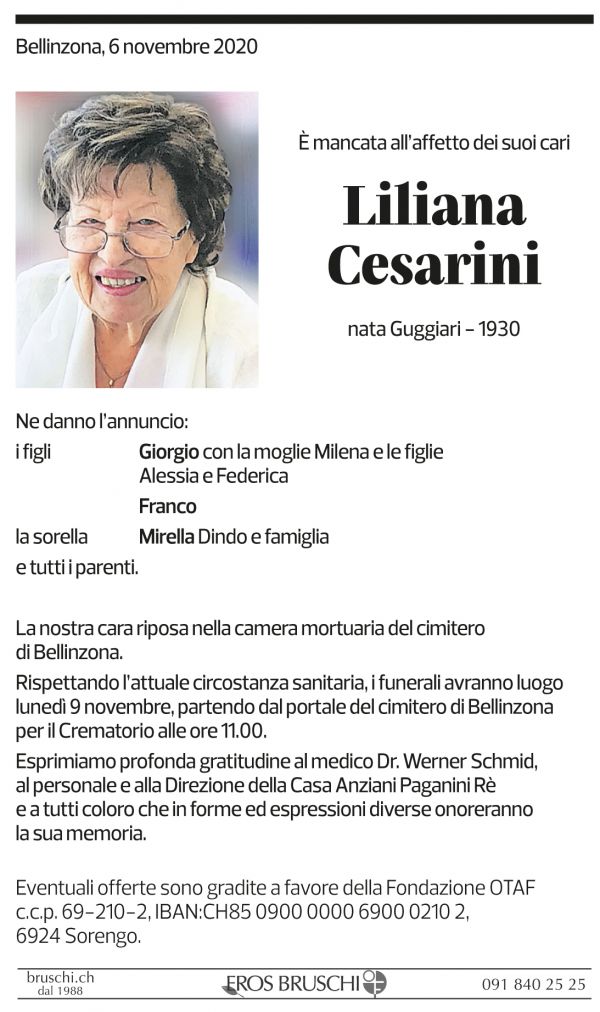 Annuncio funebre Liliana Cesarini