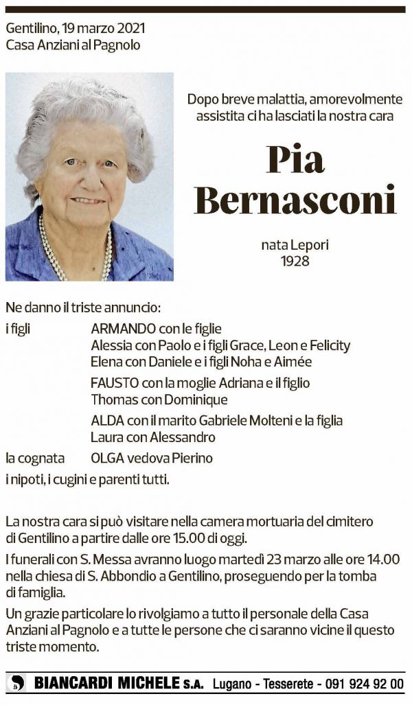 Annuncio funebre Pia Bernasconi